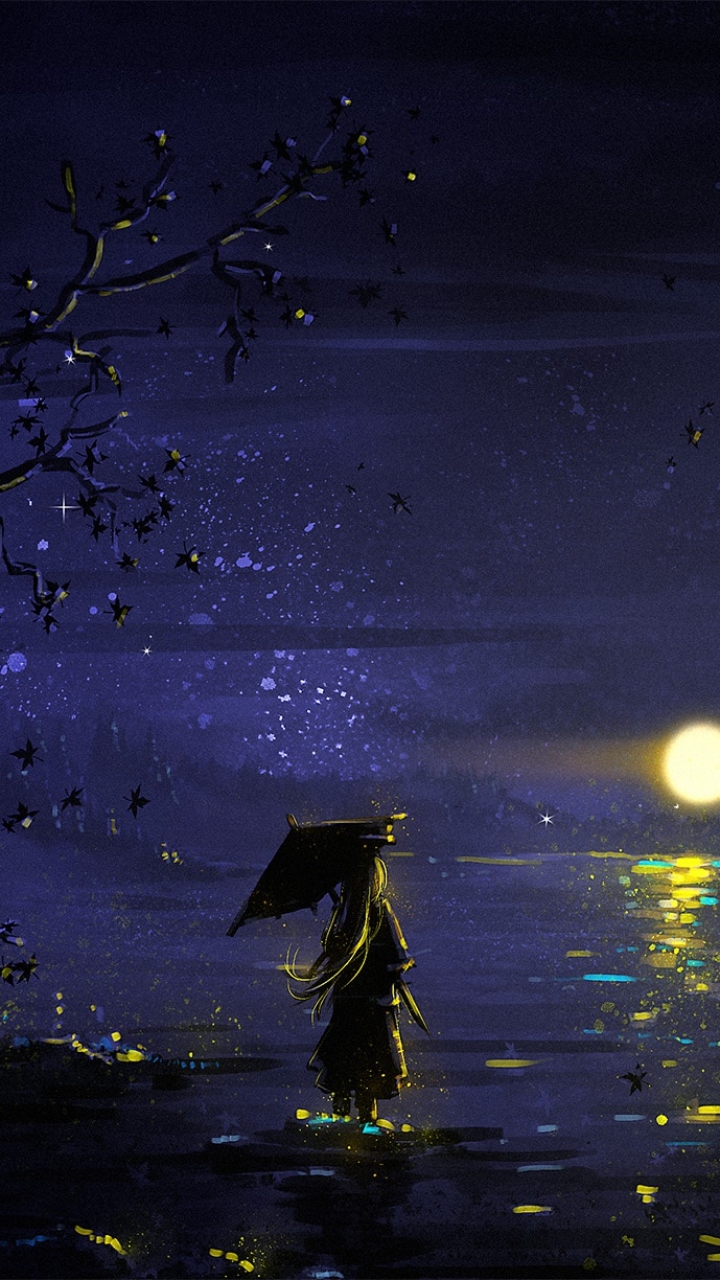 Download mobile wallpaper Fantasy, Night, Umbrella, Oriental, Women, Long Hair for free.