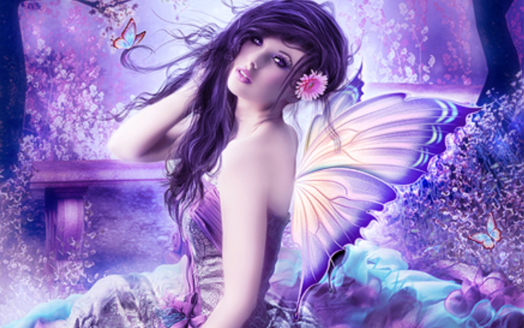 Download mobile wallpaper Fantasy, Flower, Butterfly, Purple, Wings, Fairy for free.