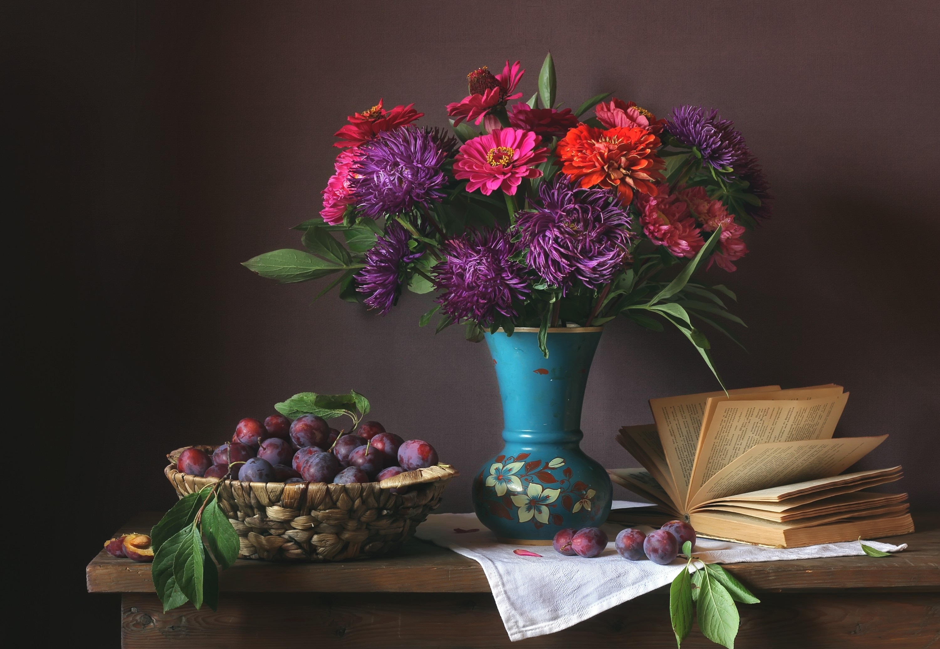 photography, still life, basket, book, flower, plum, vase