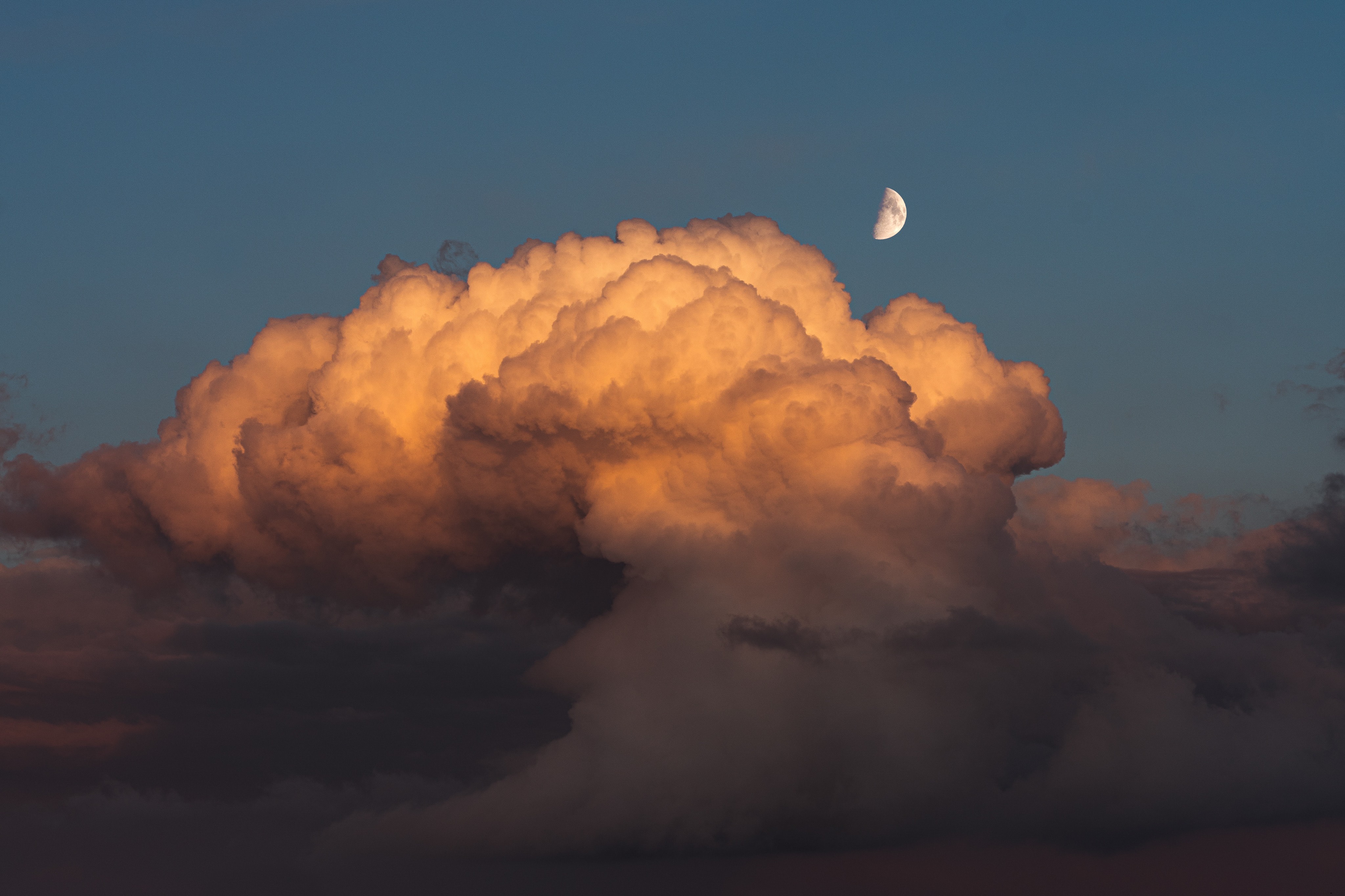 Download mobile wallpaper Clouds, Sky, Evening, Nature, Moon for free.
