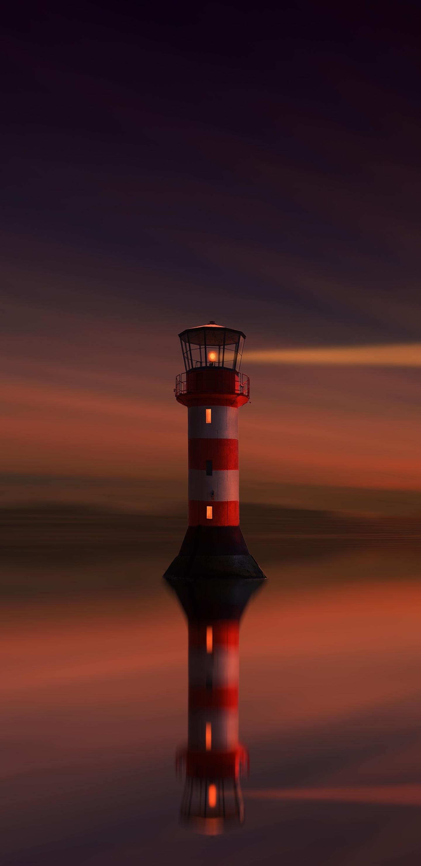 Download mobile wallpaper Sunset, Reflection, Light, Lighthouse, Man Made for free.