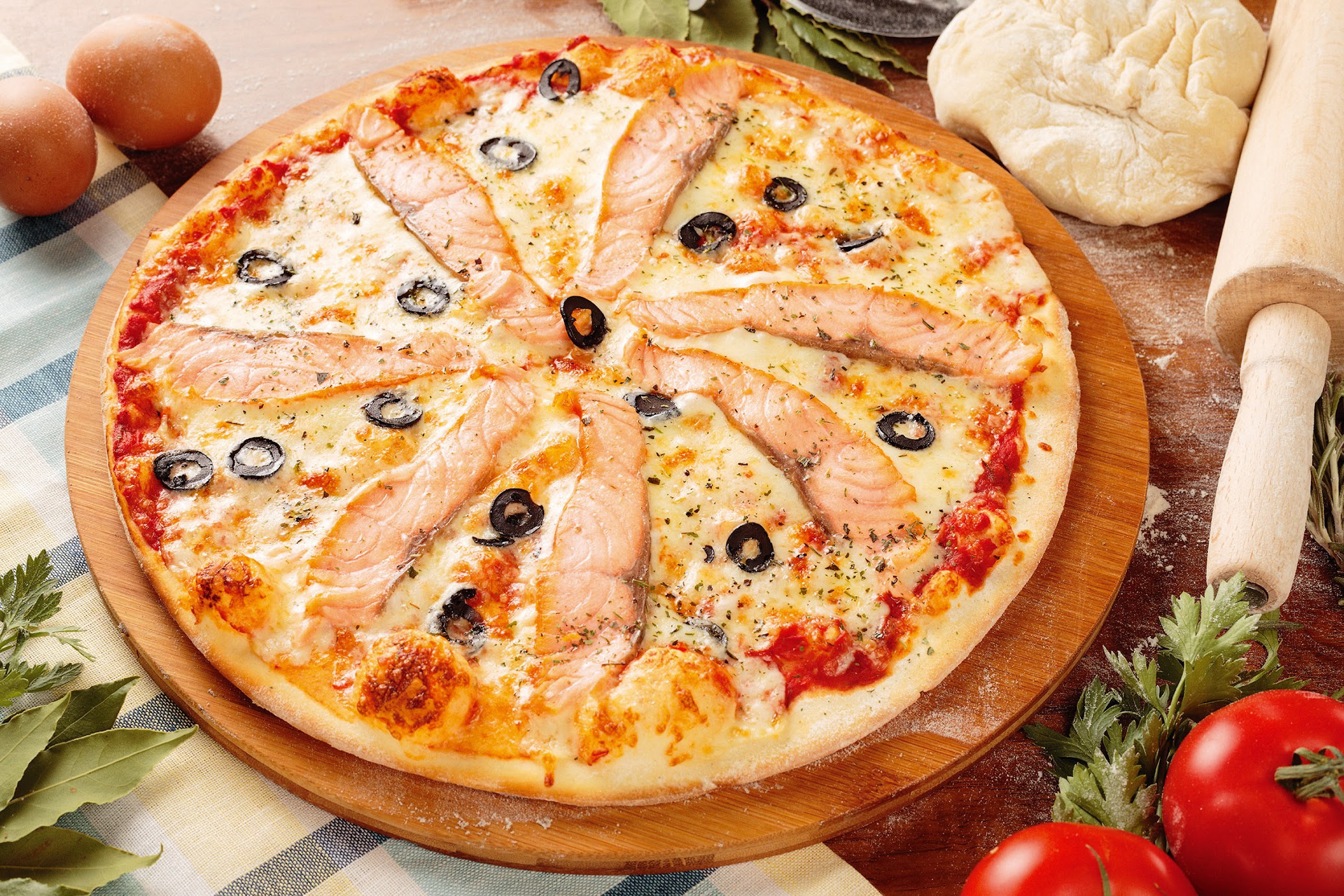 Завантажити шпалери безкоштовно Піца, Натюрморт, Риба, Харчування картинка на робочий стіл ПК