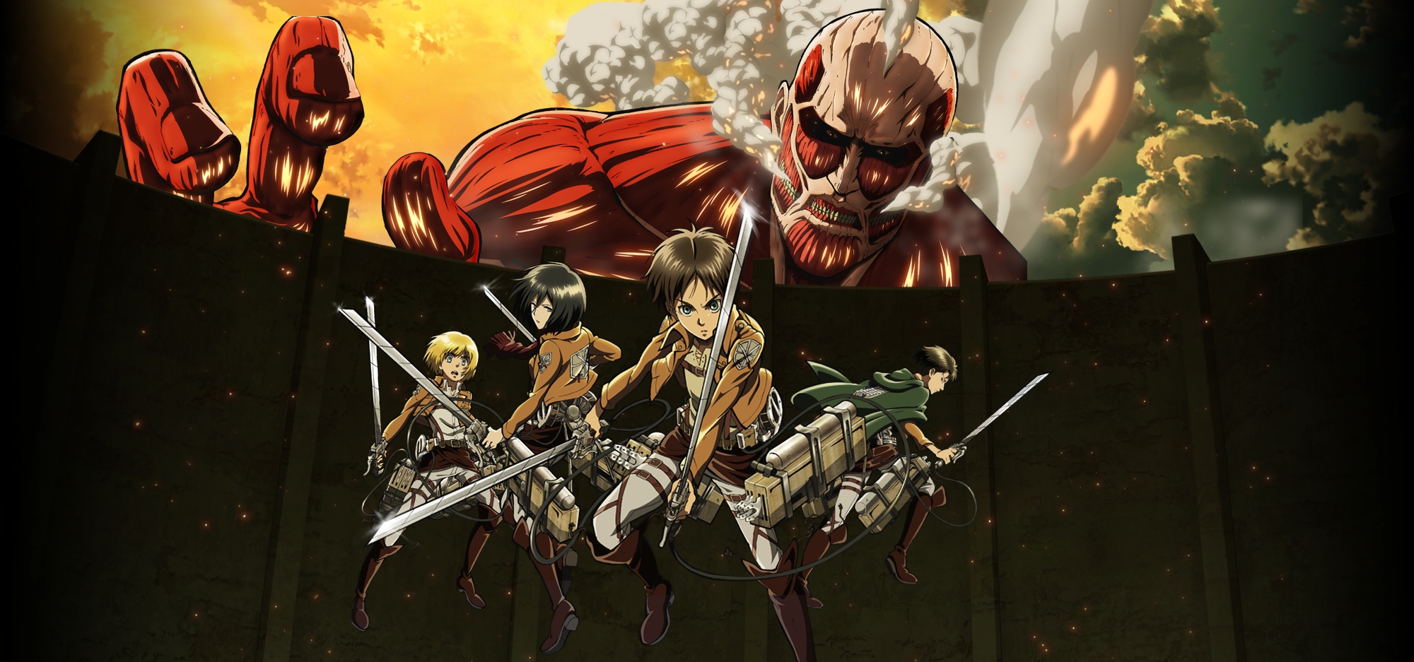 Handy-Wallpaper Animes, Armin Arlert, Eren Jäger, Mikasa Ackermann, Attack On Titan, Kolossaler Titan, Levi Ackermann kostenlos herunterladen.
