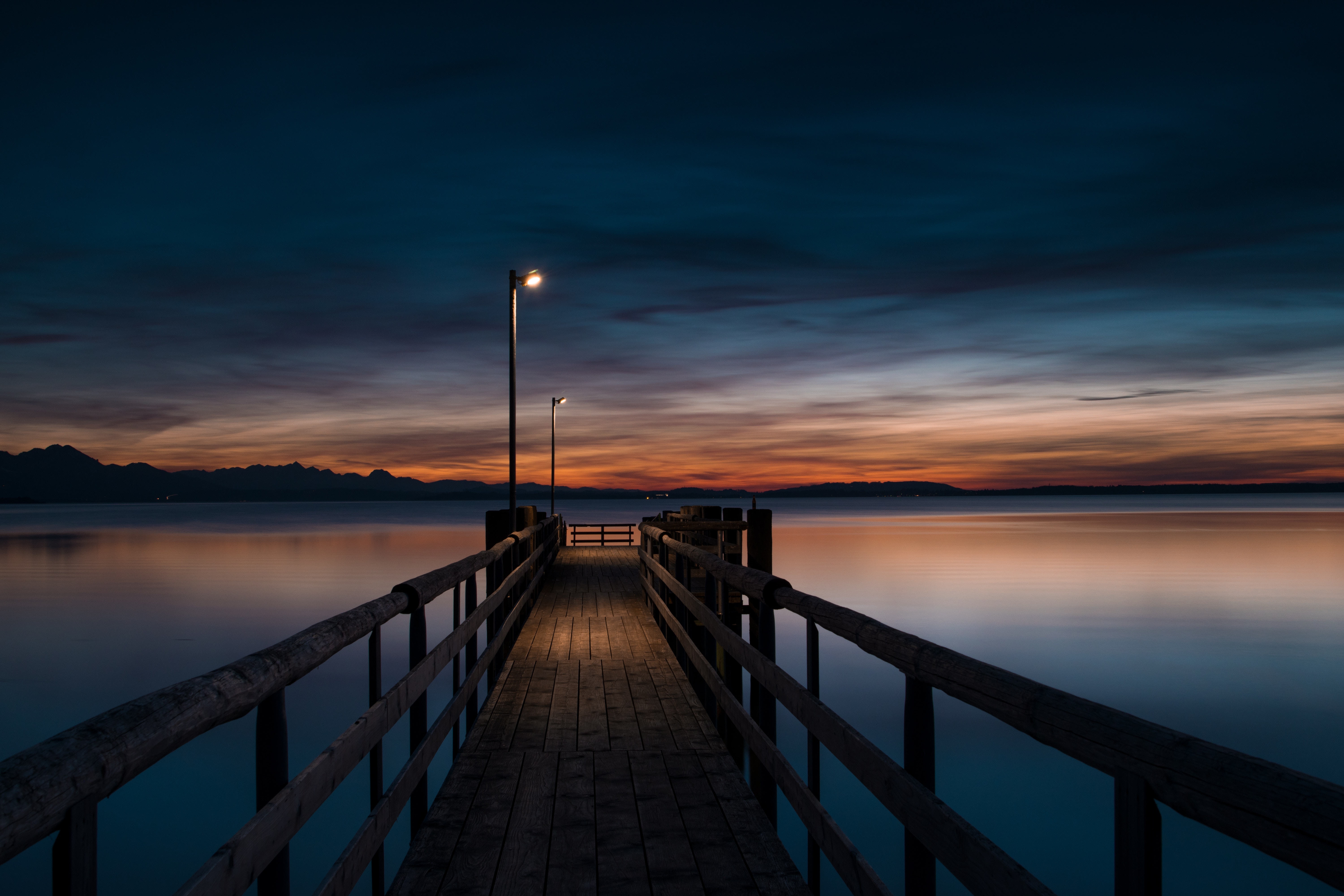 nature, twilight, lights, wooden, pier, water, wood, lanterns, dusk, evening HD wallpaper