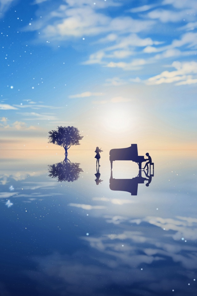 Download mobile wallpaper Anime, Fantasy, Sky, Stars, Piano, Reflection, Tree, Butterfly, Child, Violin, Your Lie In April for free.
