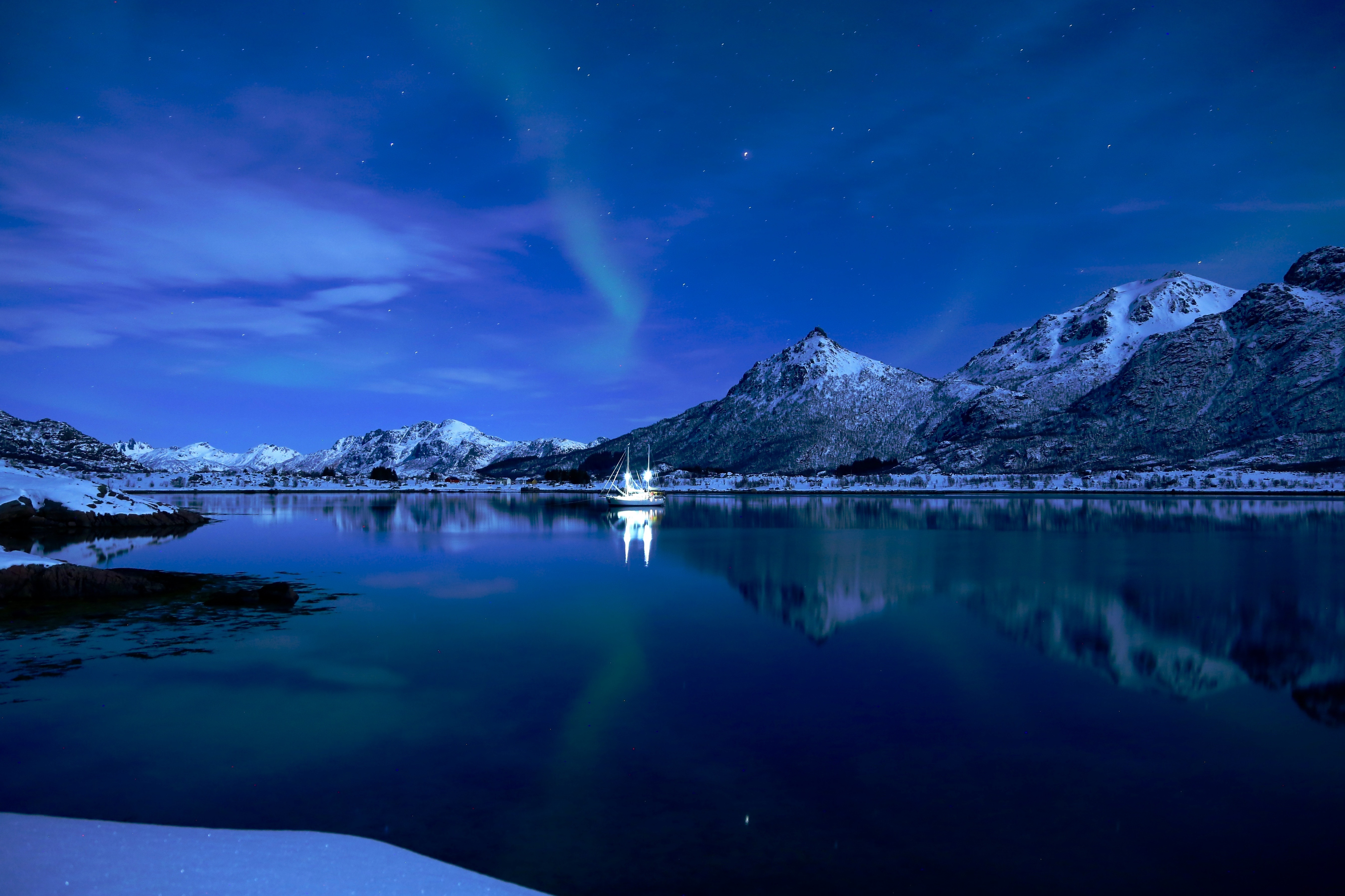 Download mobile wallpaper Mountains, Starry Sky, Ice, Lake, Nature, Boat, Sunset for free.