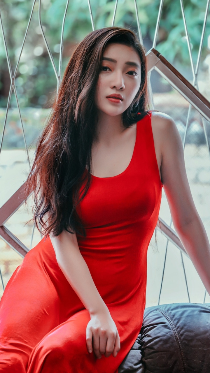 Download mobile wallpaper Brunette, Model, Women, Asian, Red Dress for free.