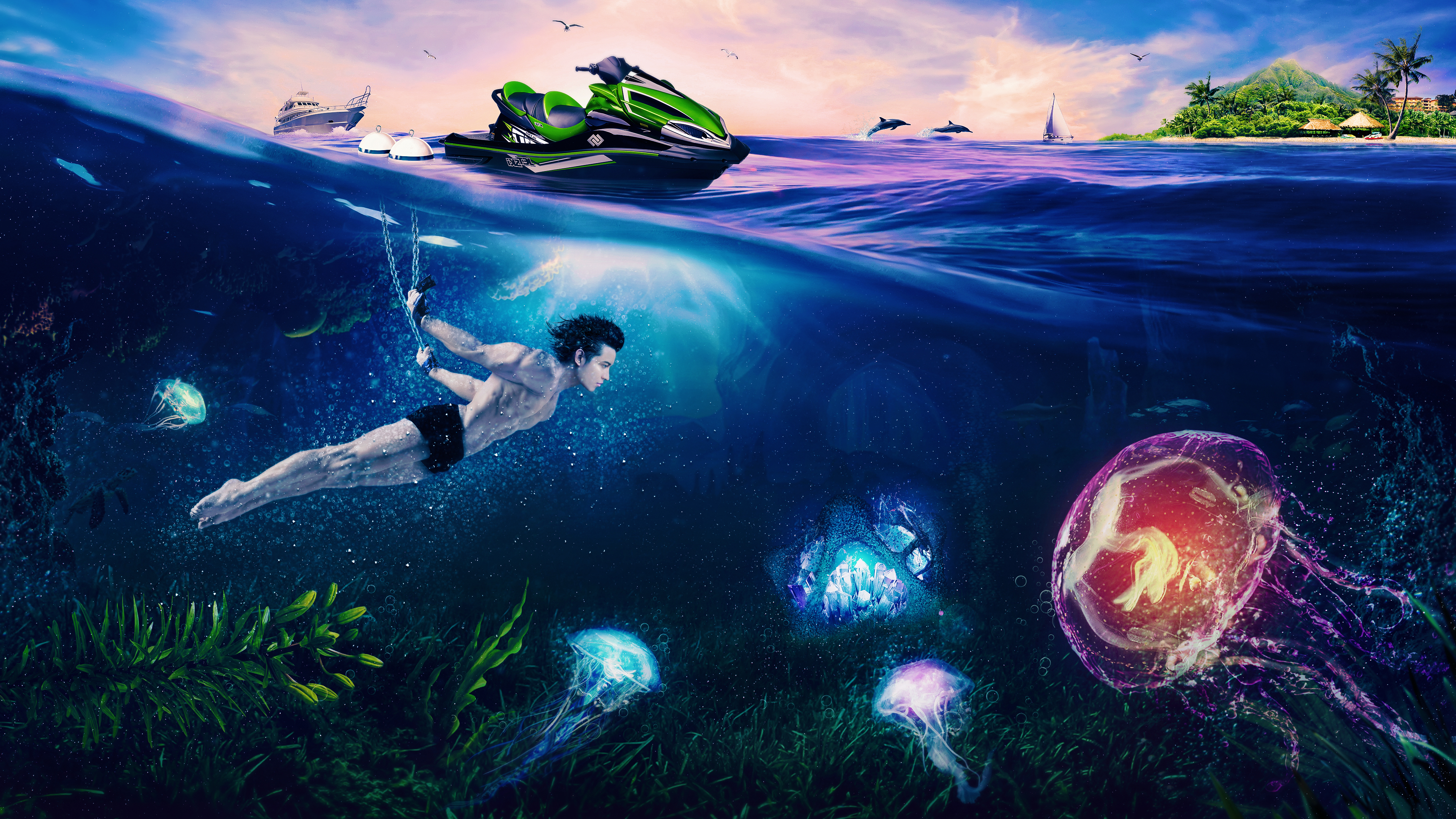 905488 завантажити шпалери фотографія, під водою, водорості, пляжний, медузи, водний мотоцикл, маніпуляція, природа, океан, риф, курорт, море, відпустка, вода - заставки і картинки безкоштовно