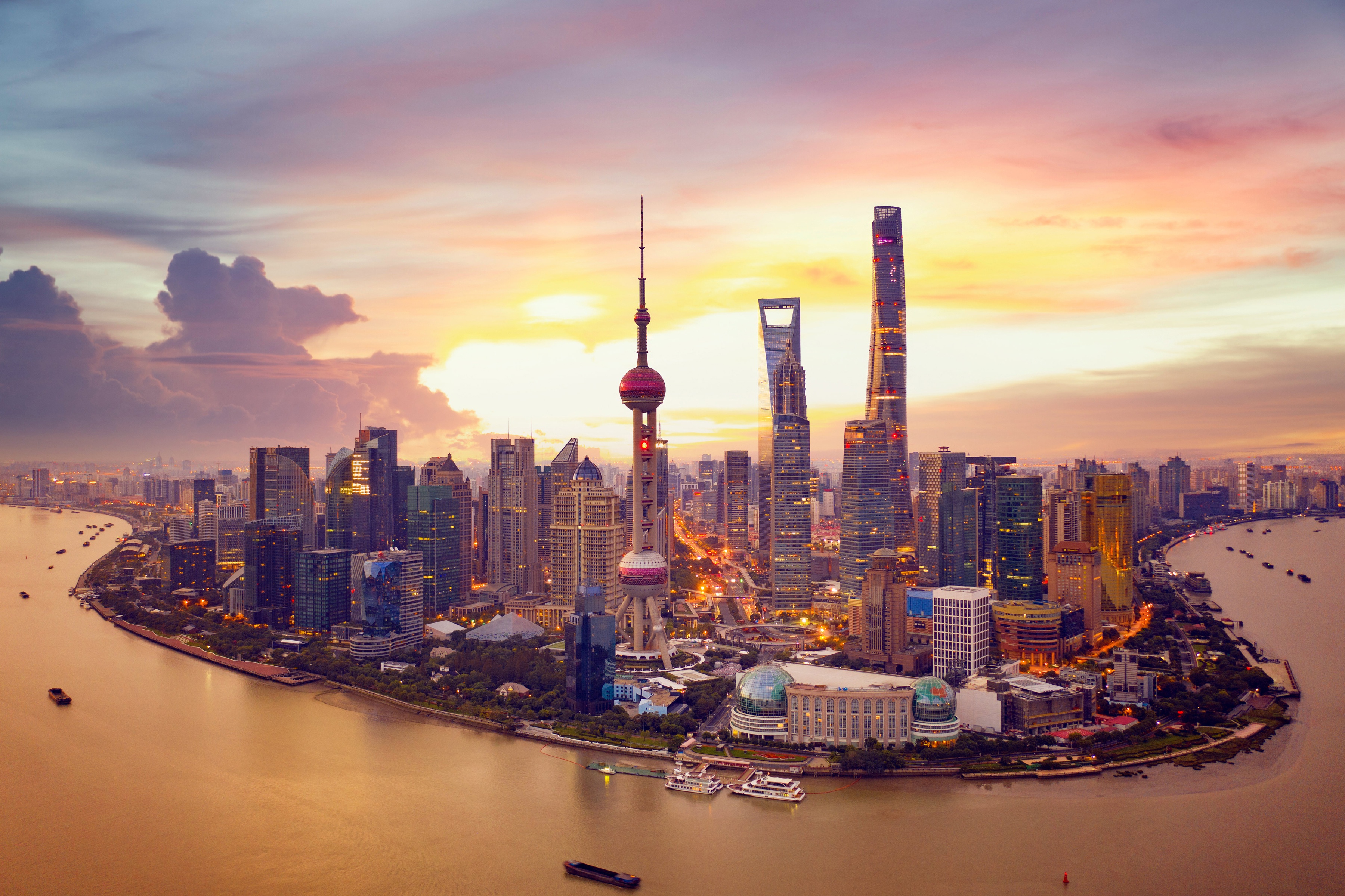 Download mobile wallpaper Cities, Sunset, Skyscraper, Building, China, River, Shanghai, Man Made, Oriental Pearl Tower, Huangpu River for free.