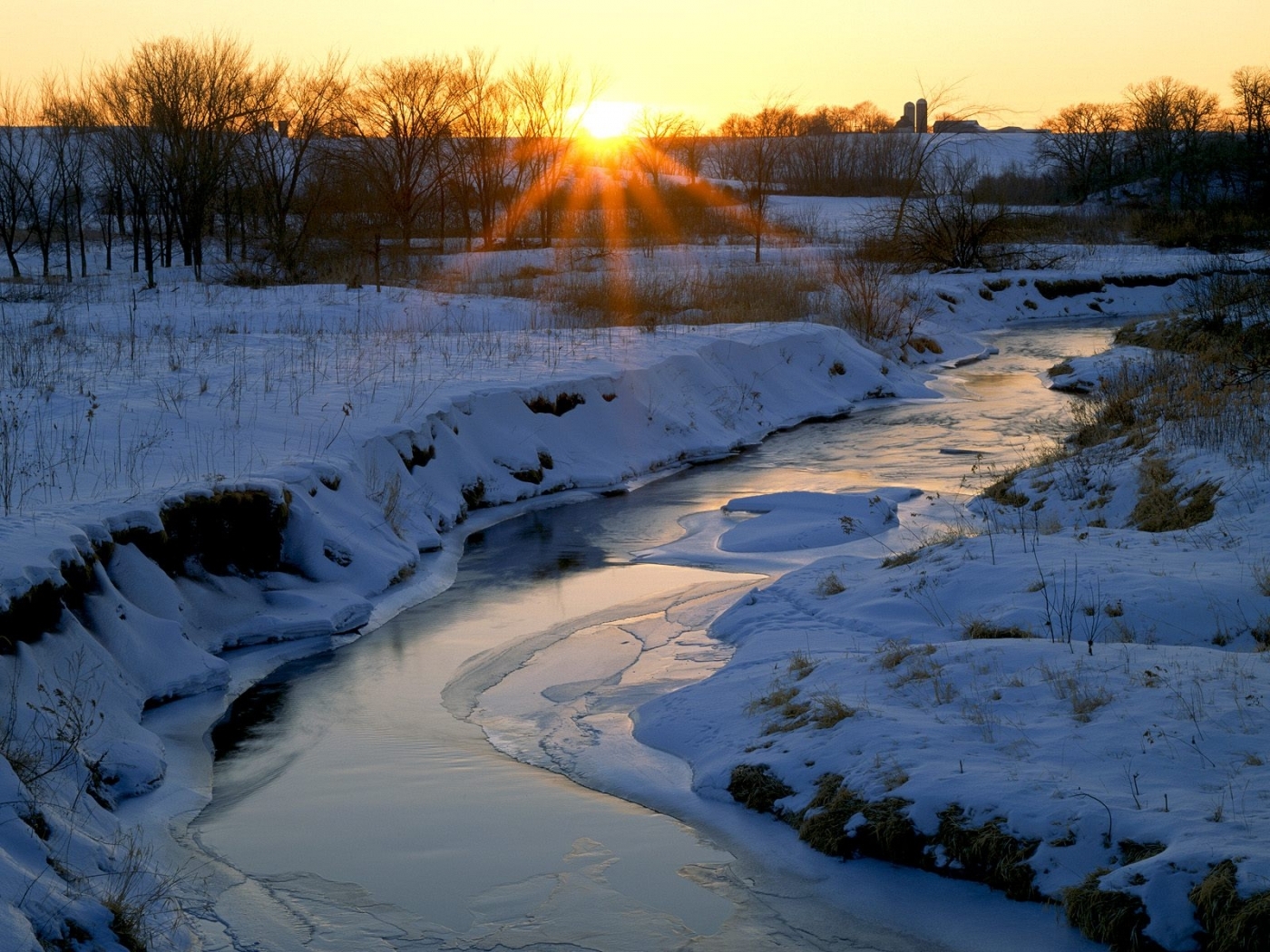 Laden Sie das Sunset, Flüsse, Schnee, Landschaft, Winter-Bild kostenlos auf Ihren PC-Desktop herunter