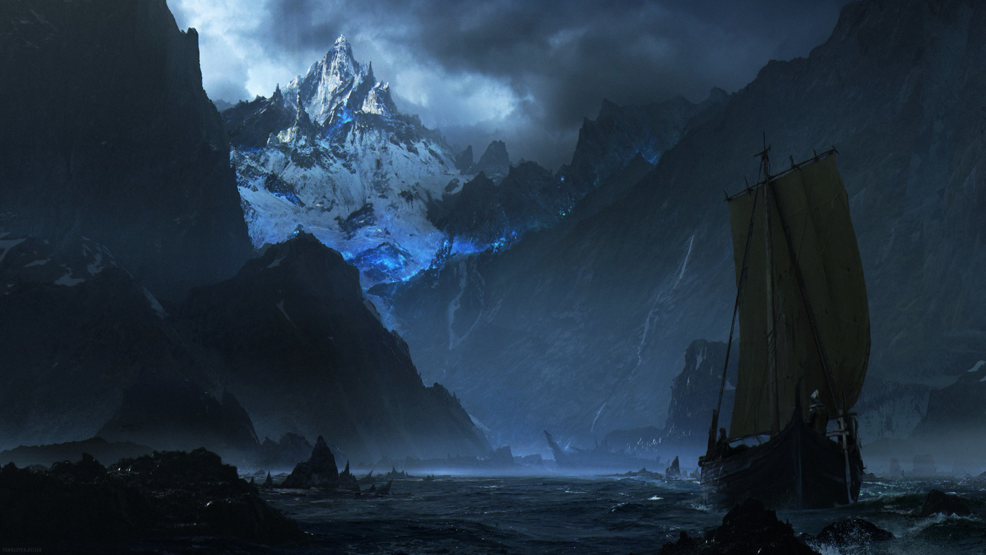 Free download wallpaper Water, Fantasy, Ice, Mountain, Boat, Ship on your PC desktop