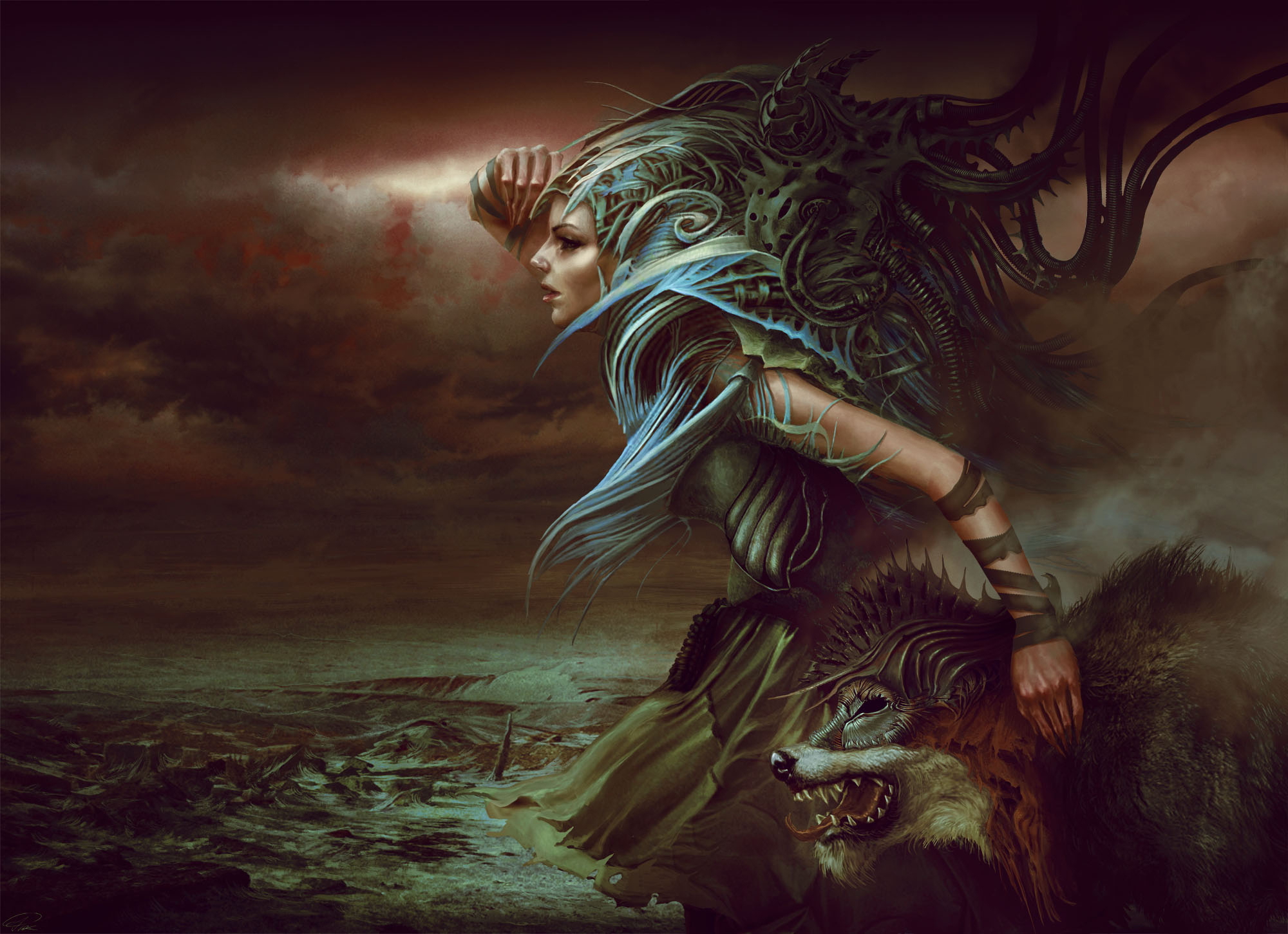 Free download wallpaper Wolf, Sci Fi, Steampunk, Blue Hair, Long Hair on your PC desktop