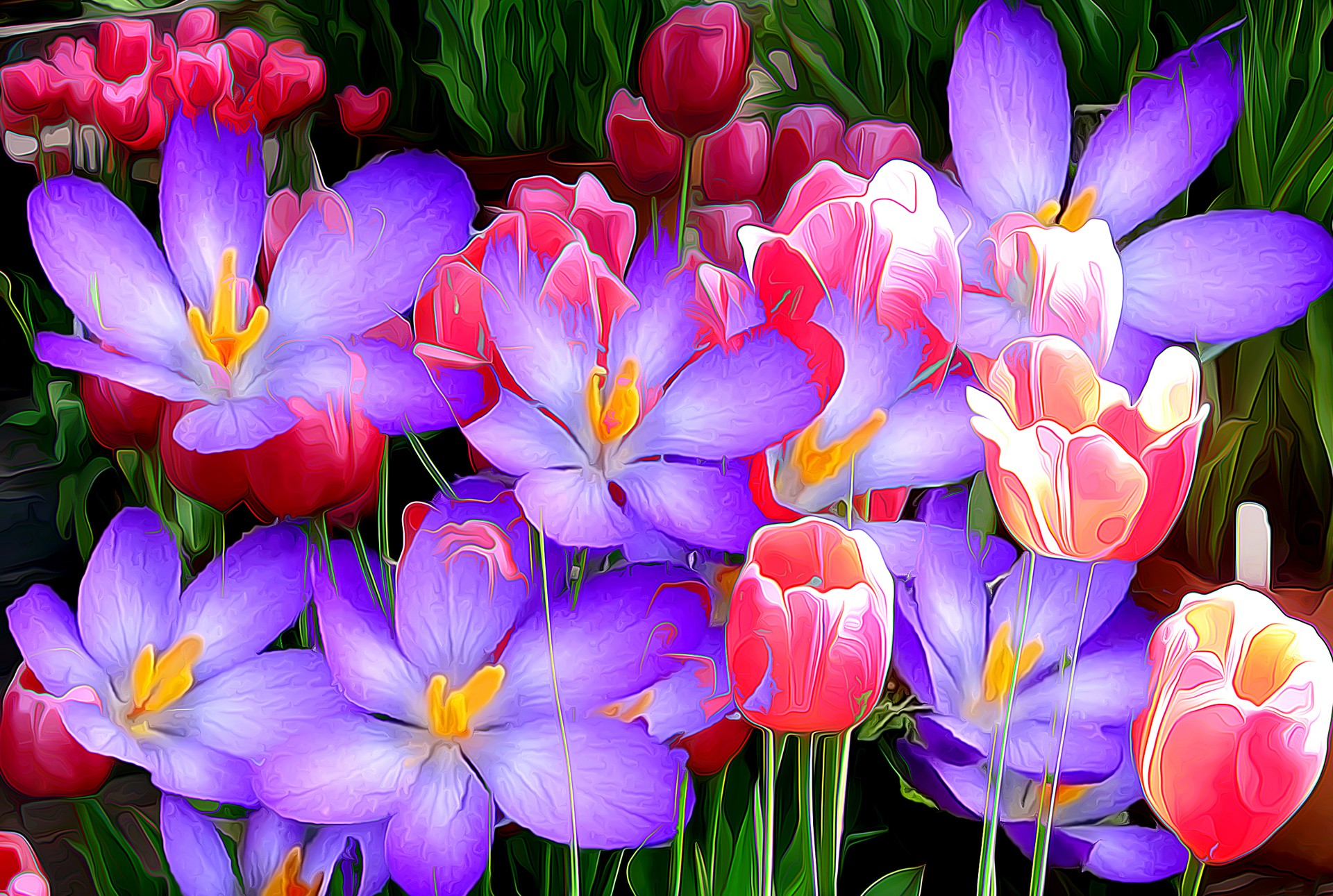 無料モバイル壁紙フラワーズ, チューリップ, 花, ペインティング, 芸術的, クロッカス, ピンクの花, 紫色の花をダウンロードします。