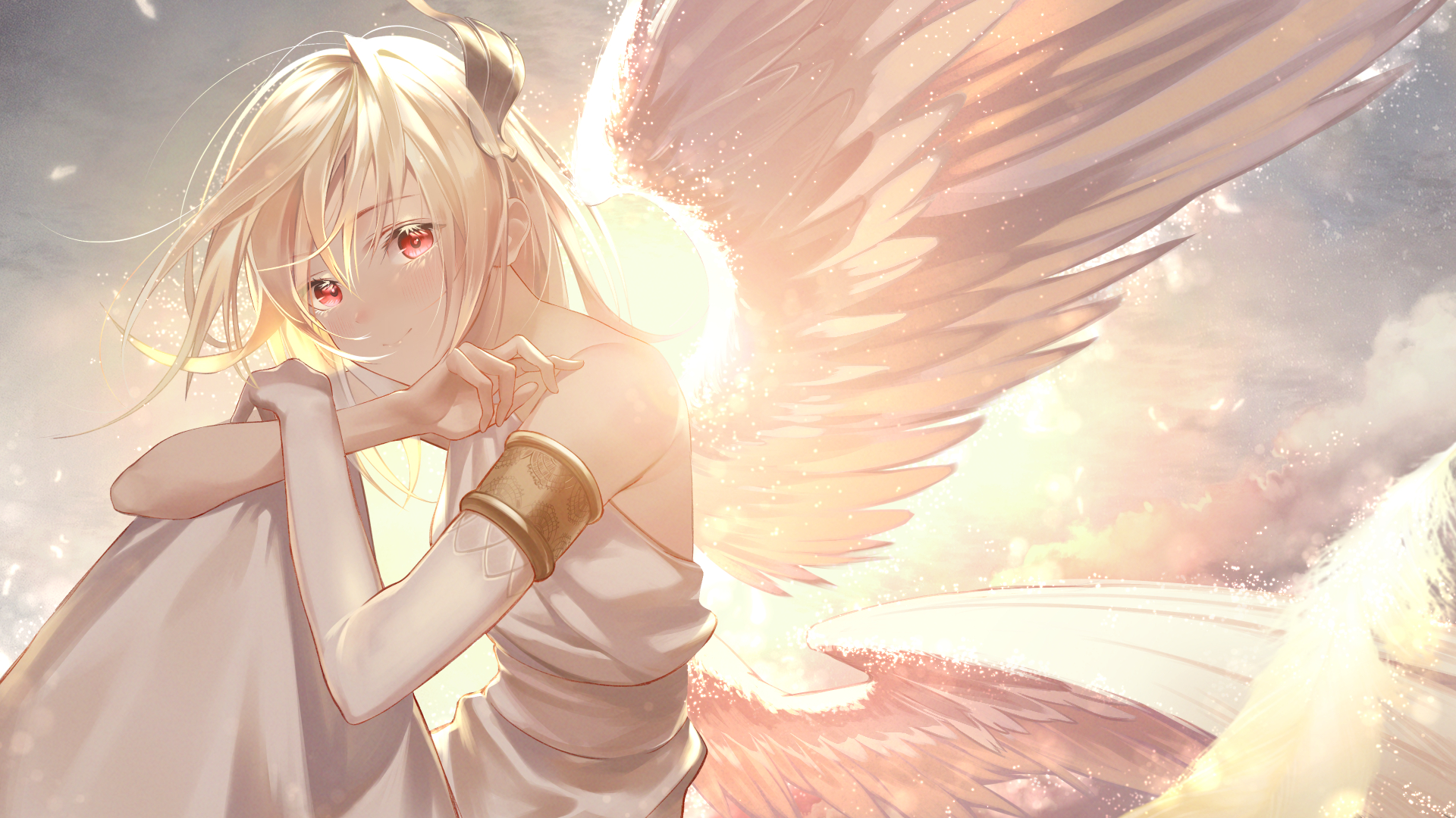 Download mobile wallpaper Anime, Wings, Angel, Blonde, Red Eyes, Short Hair for free.