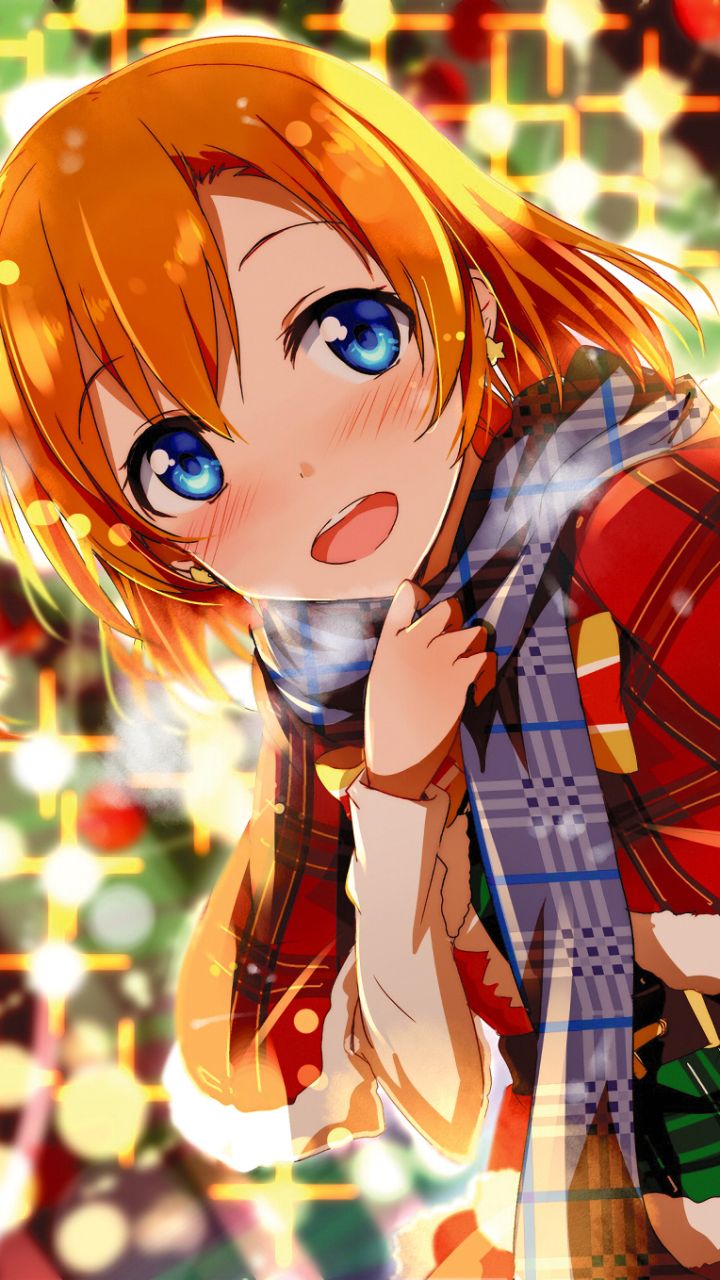 Handy-Wallpaper Lächeln, Schal, Blaue Augen, Erröten, Animes, Kurzes Haar, Rote Haare, Honoka Kousaka, Liebesleben! kostenlos herunterladen.