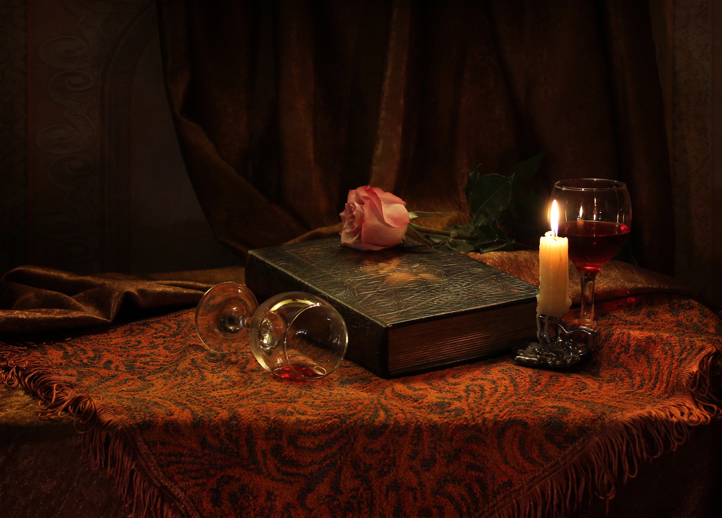 Download mobile wallpaper Still Life, Rose, Book, Candle, Photography for free.