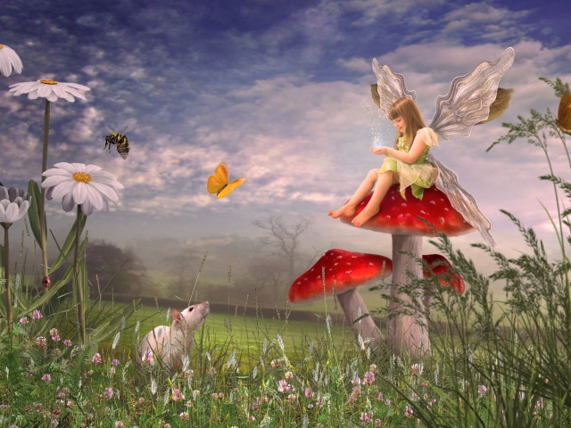 Download mobile wallpaper Fantasy, Mushroom, Mouse, Daisy, Fairy, Little Girl for free.