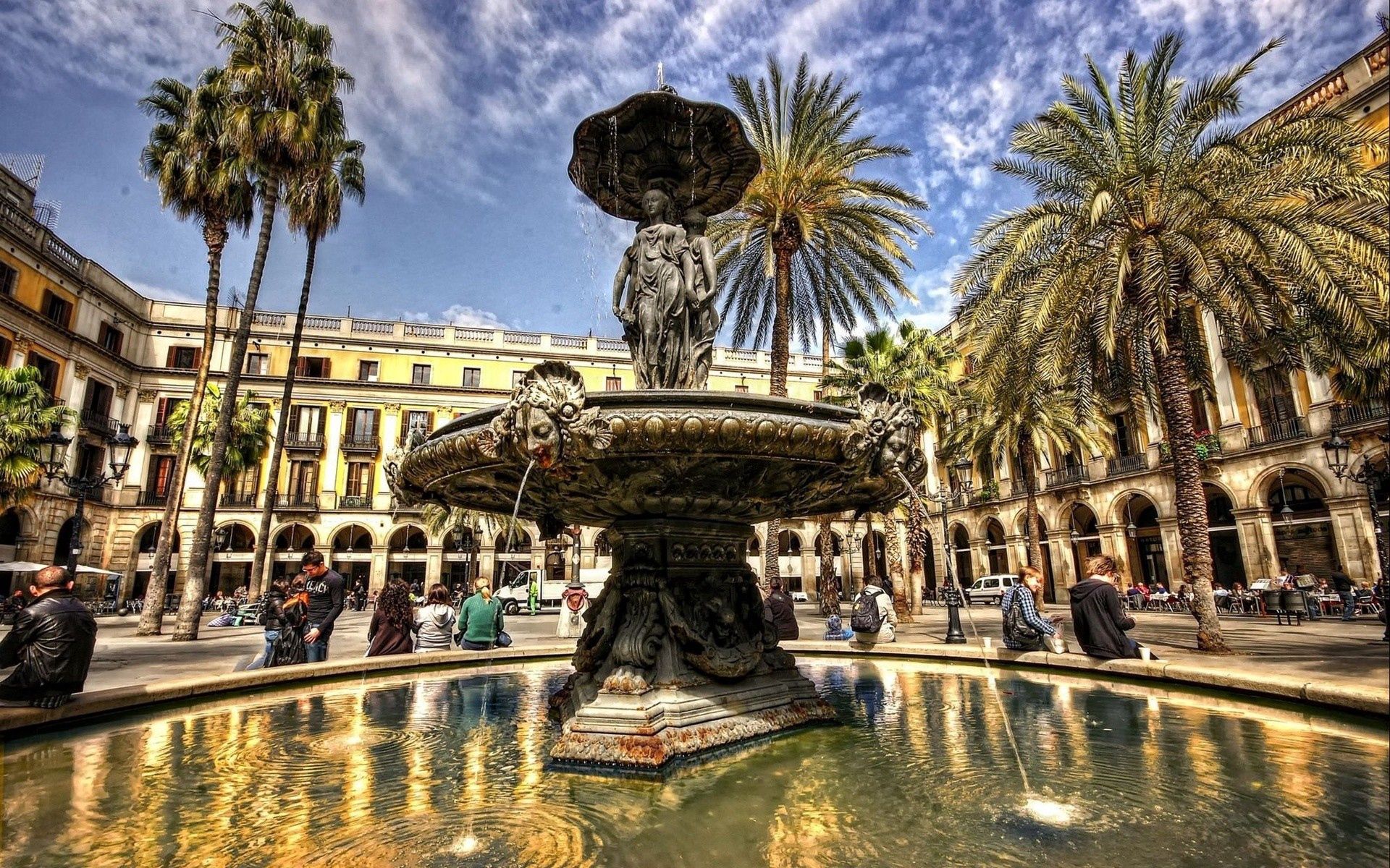 Free download wallpaper Cities, Fountain, Building, Shine, Light, Day, Architecture, Palms, Hdr, People on your PC desktop