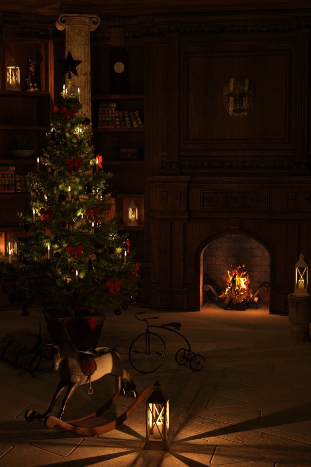 Download mobile wallpaper Light, Christmas, Holiday, Room, Christmas Tree, Fireplace, Rocking Horse for free.