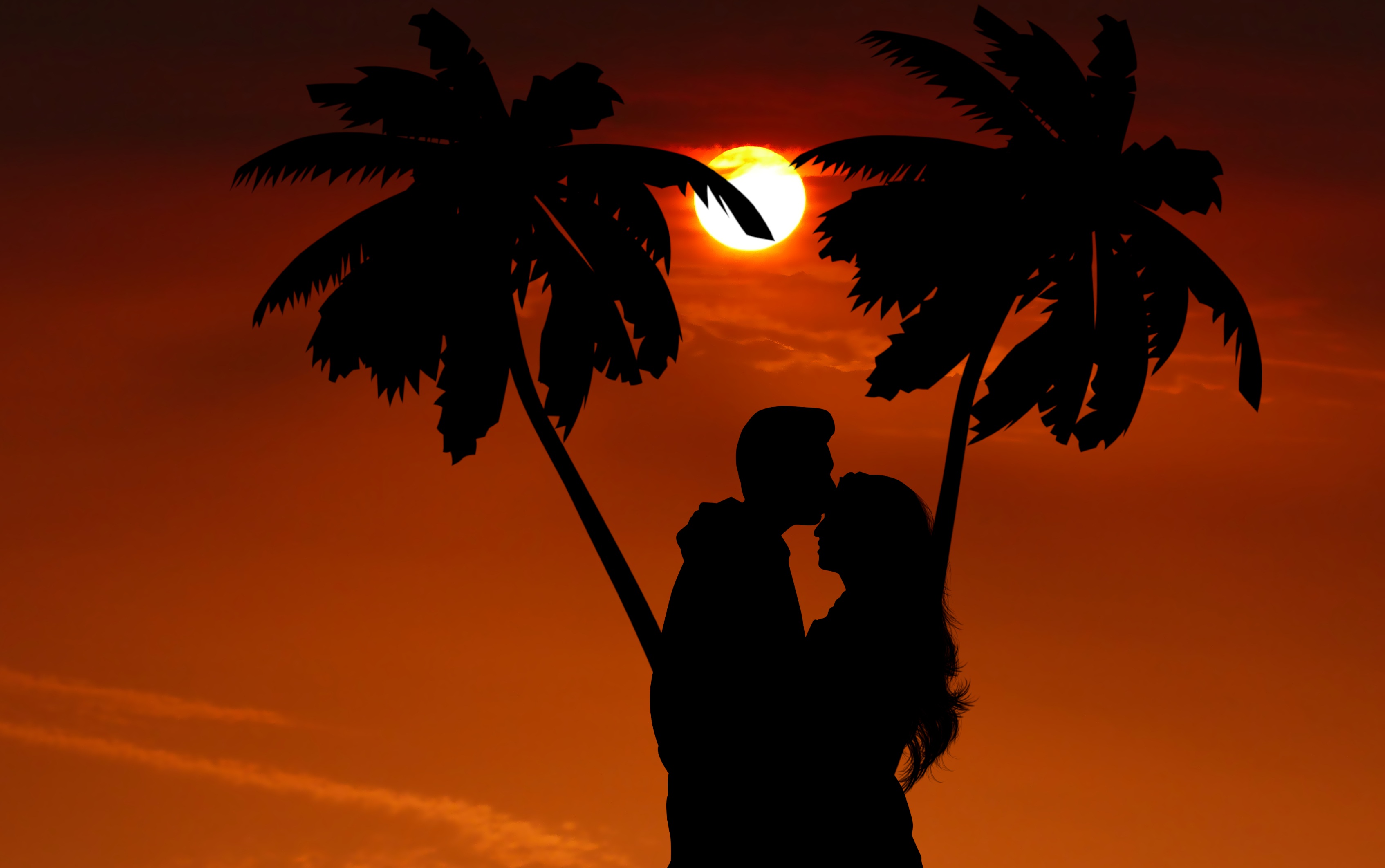 couple, love, romance, embrace, silhouettes, pair, night, palms