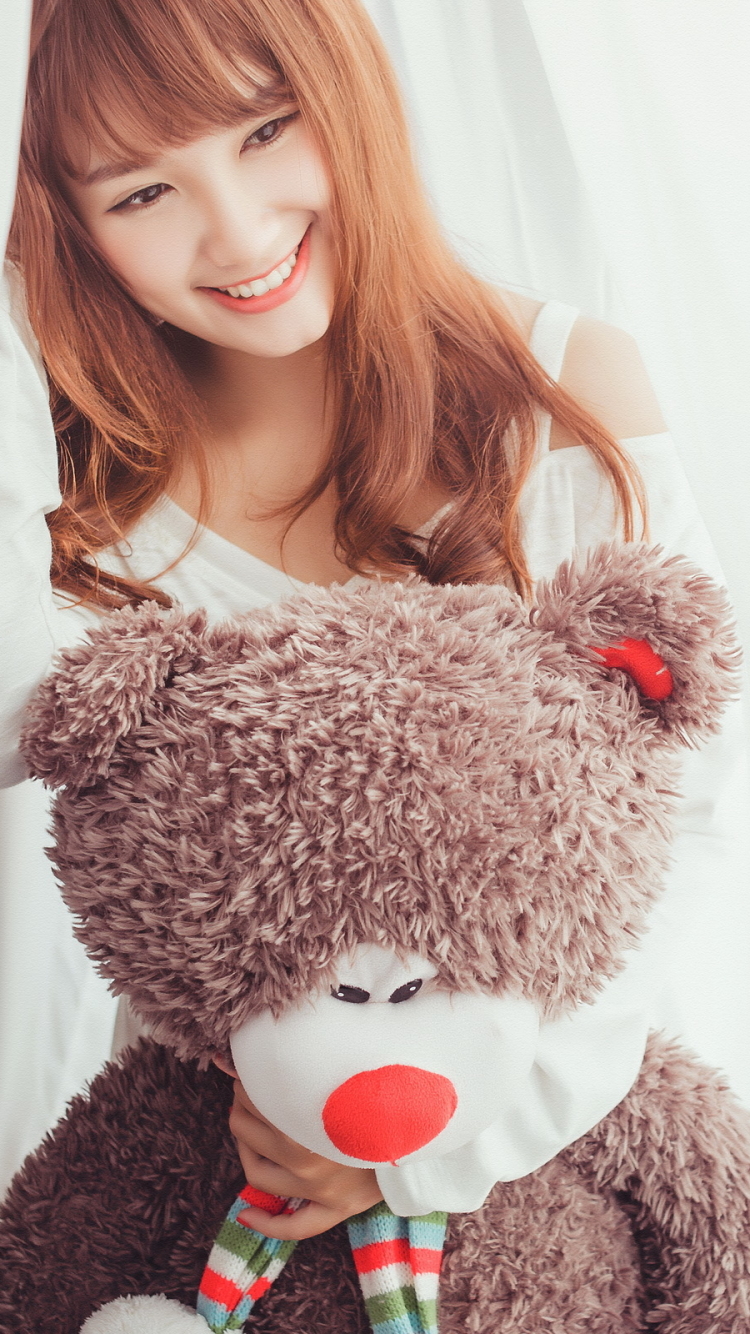 Download mobile wallpaper Teddy Bear, Smile, Brunette, Oriental, Model, Women, Asian, Brown Eyes for free.