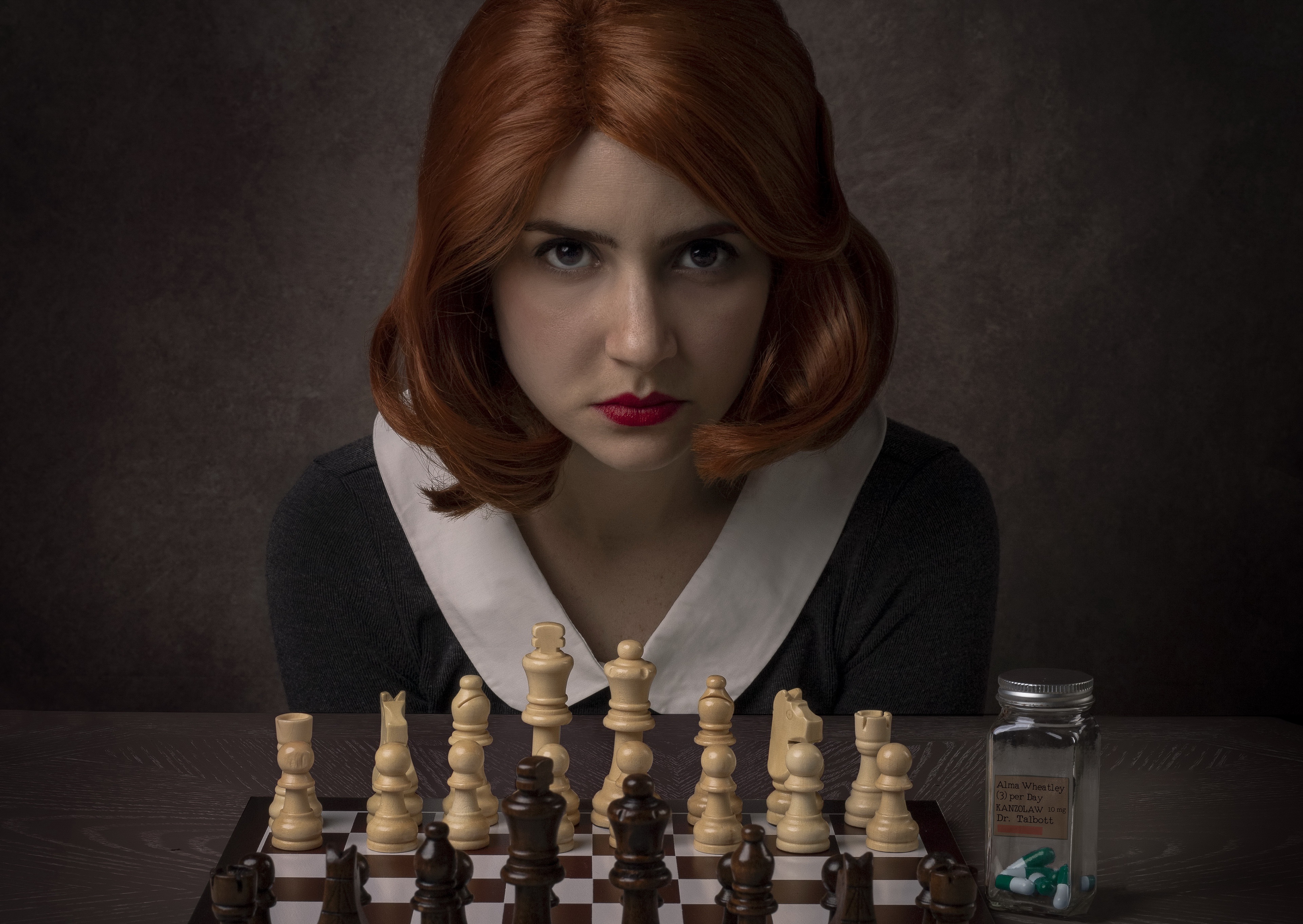 chess, face, women, cosplay, lipstick, redhead, the queen's gambit