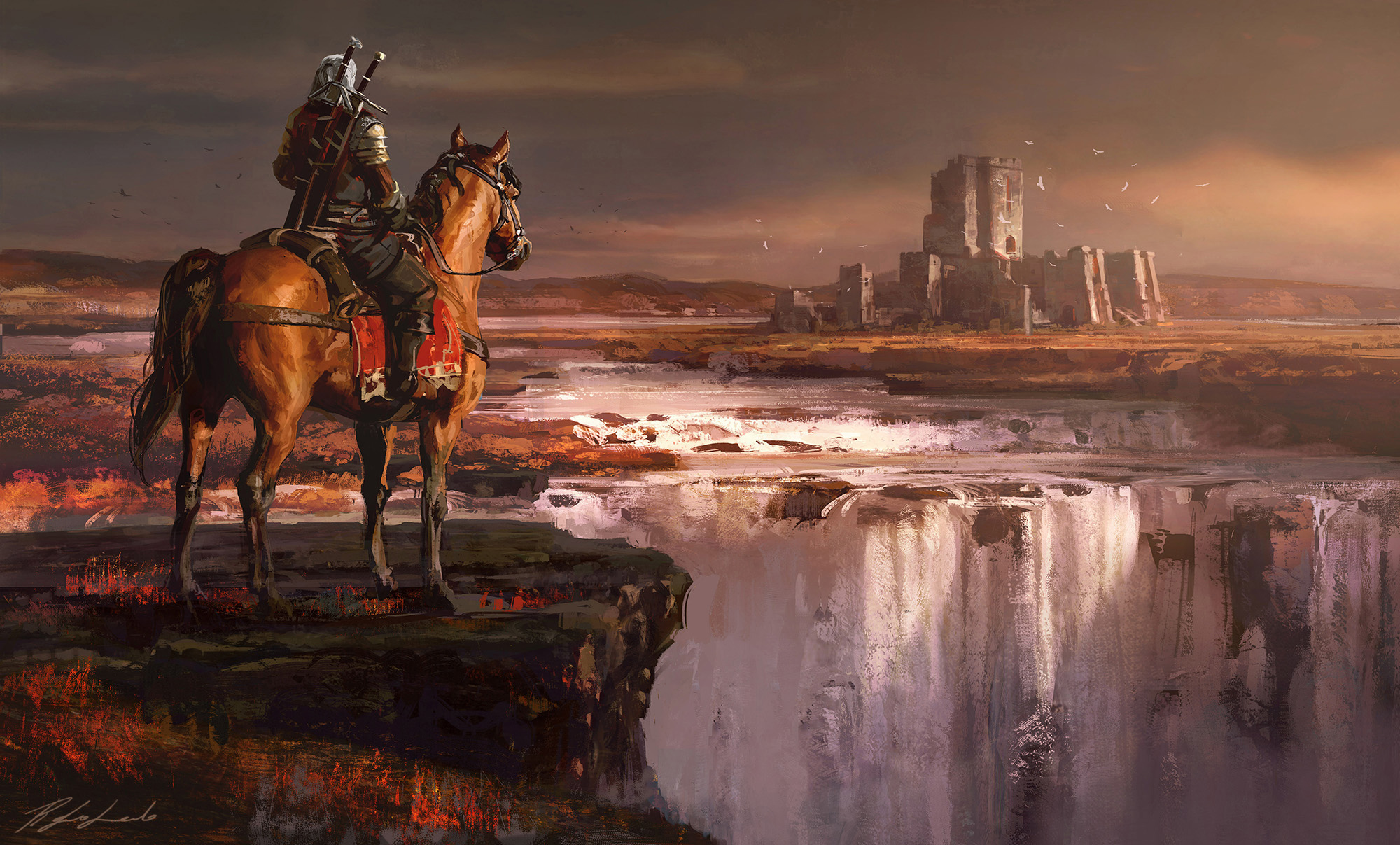 Free download wallpaper Waterfall, Warrior, Horse, Video Game, The Witcher, Geralt Of Rivia, The Witcher 3: Wild Hunt on your PC desktop