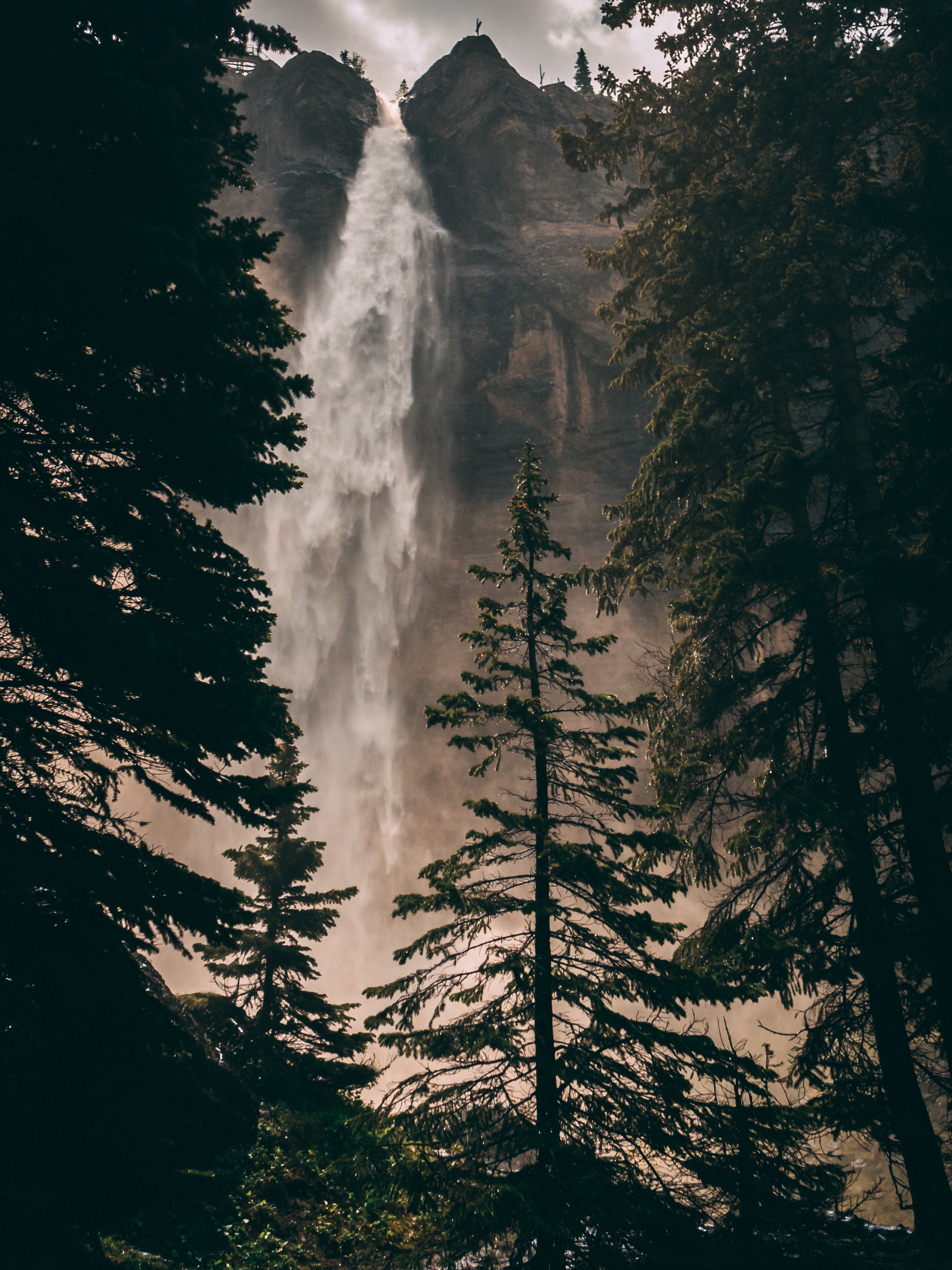 Download mobile wallpaper Precipice, Trees, Rock, Break, Waterfall, Water, Nature for free.