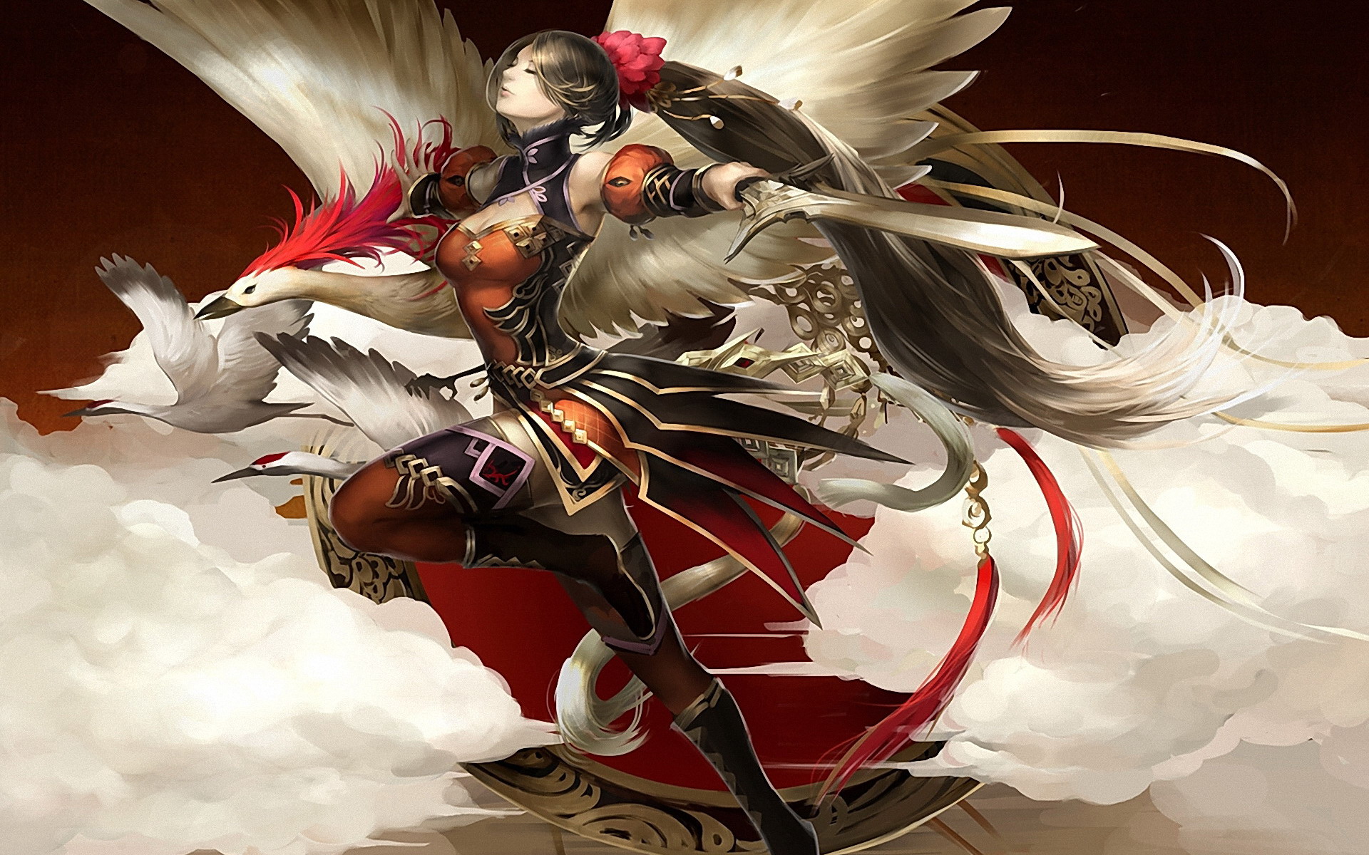PCデスクトップに鳥, ファンタジー, 翼, 剣, 長い髪, 天使の戦士画像を無料でダウンロード