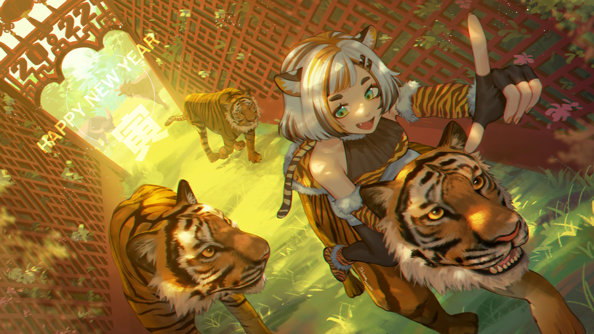 Laden Sie das Mädchen, Tiger, Animes, Frohes Neues Jahr-Bild kostenlos auf Ihren PC-Desktop herunter